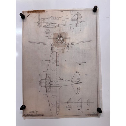 299 - Militaria, WWII aircraft plans on linen, 41 cm x 28.5 cm, Commonwealth Boomerang, 2 plans.

This lot... 