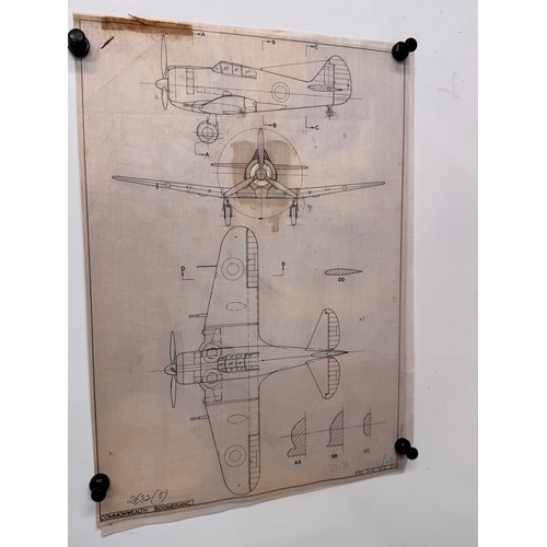 299 - Militaria, WWII aircraft plans on linen, 41 cm x 28.5 cm, Commonwealth Boomerang, 2 plans.

This lot... 