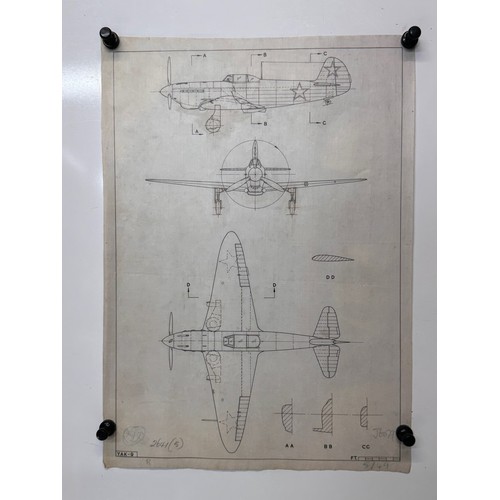 280 - Militaria, WWII aircraft plans on linen, 41 cm x 28.5 cm, Yak 9.

This lot is available for in-house... 