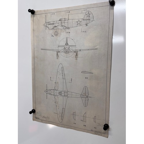 280 - Militaria, WWII aircraft plans on linen, 41 cm x 28.5 cm, Yak 9.

This lot is available for in-house... 