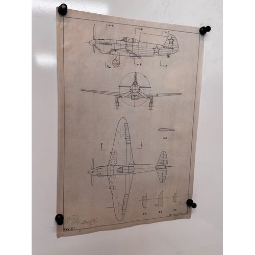 280 - Militaria, WWII aircraft plans on linen, 41 cm x 28.5 cm, Yak 9.

This lot is available for in-house... 