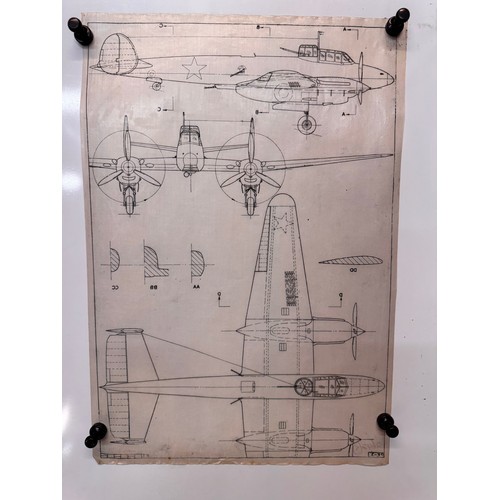 282 - Militaria, WWII aircraft plans on linen, 41 cm x 28.5 cm, PE-3.

This lot is available for in-house ... 