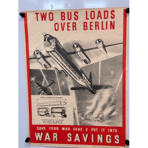 63 - Militaria, WWII War Savings Poster, RAF Stirling bomber dropping Two Bus loads’. 49 cm x 37 cm.

Thi... 