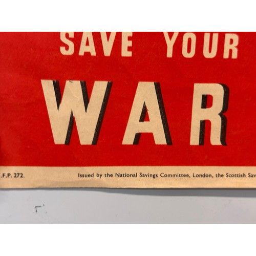 63 - Militaria, WWII War Savings Poster, RAF Stirling bomber dropping Two Bus loads’. 49 cm x 37 cm.

Thi... 