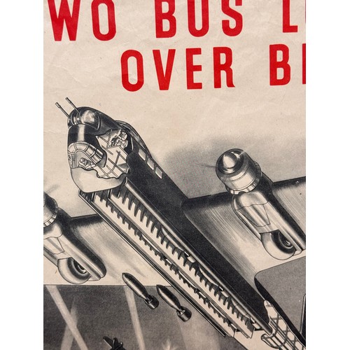 63 - Militaria, WWII War Savings Poster, RAF Stirling bomber dropping Two Bus loads’. 49 cm x 37 cm.

Thi... 