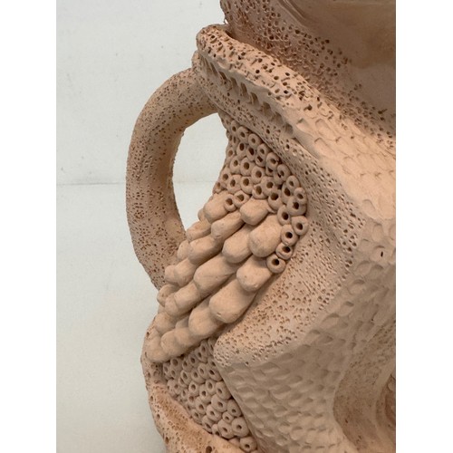 32 - English contemporary studio art pottery, a jug in the form of a 37 cm  tall Mythical Beast signed To... 