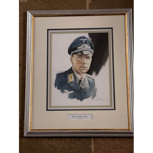 178 - Militaria, German pilot WWII, a framed water colour portrait of Luftwaffe Ace Helmut Wick, 60.5 cm x... 