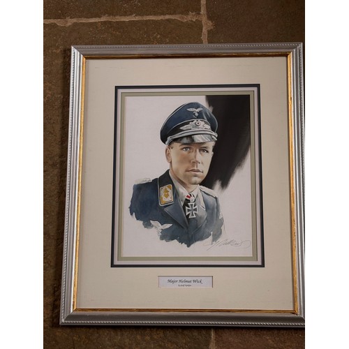 178 - Militaria, German pilot WWII, a framed water colour portrait of Luftwaffe Ace Helmut Wick, 60.5 cm x... 