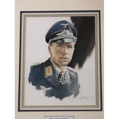 178 - Militaria, German pilot WWII, a framed water colour portrait of Luftwaffe Ace Helmut Wick, 60.5 cm x... 