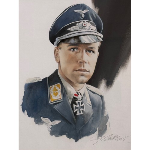 178 - Militaria, German pilot WWII, a framed water colour portrait of Luftwaffe Ace Helmut Wick, 60.5 cm x... 