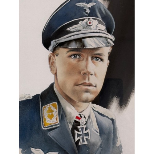 178 - Militaria, German pilot WWII, a framed water colour portrait of Luftwaffe Ace Helmut Wick, 60.5 cm x... 