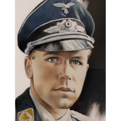 178 - Militaria, German pilot WWII, a framed water colour portrait of Luftwaffe Ace Helmut Wick, 60.5 cm x... 