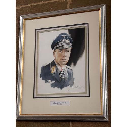 178 - Militaria, German pilot WWII, a framed water colour portrait of Luftwaffe Ace Helmut Wick, 60.5 cm x... 