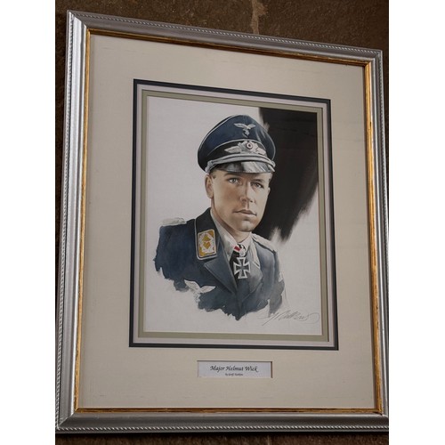 178 - Militaria, German pilot WWII, a framed water colour portrait of Luftwaffe Ace Helmut Wick, 60.5 cm x... 