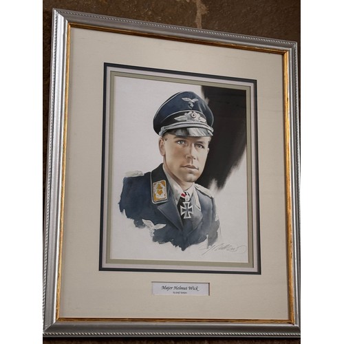 178 - Militaria, German pilot WWII, a framed water colour portrait of Luftwaffe Ace Helmut Wick, 60.5 cm x... 