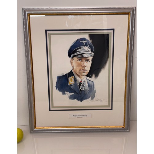 178 - Militaria, German pilot WWII, a framed water colour portrait of Luftwaffe Ace Helmut Wick, 60.5 cm x... 