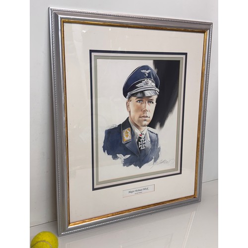 178 - Militaria, German pilot WWII, a framed water colour portrait of Luftwaffe Ace Helmut Wick, 60.5 cm x... 