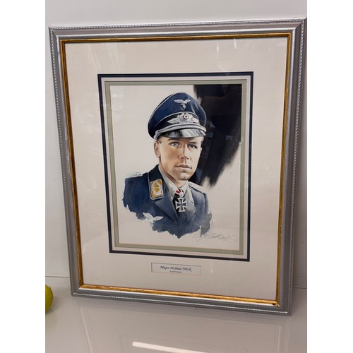 178 - Militaria, German pilot WWII, a framed water colour portrait of Luftwaffe Ace Helmut Wick, 60.5 cm x... 