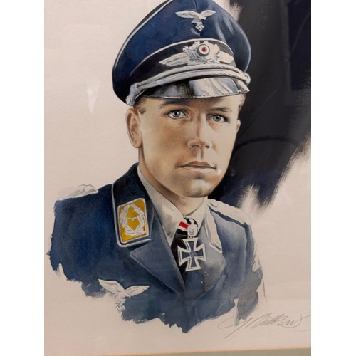 178 - Militaria, German pilot WWII, a framed water colour portrait of Luftwaffe Ace Helmut Wick, 60.5 cm x... 