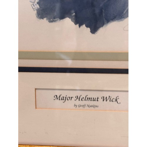 178 - Militaria, German pilot WWII, a framed water colour portrait of Luftwaffe Ace Helmut Wick, 60.5 cm x... 