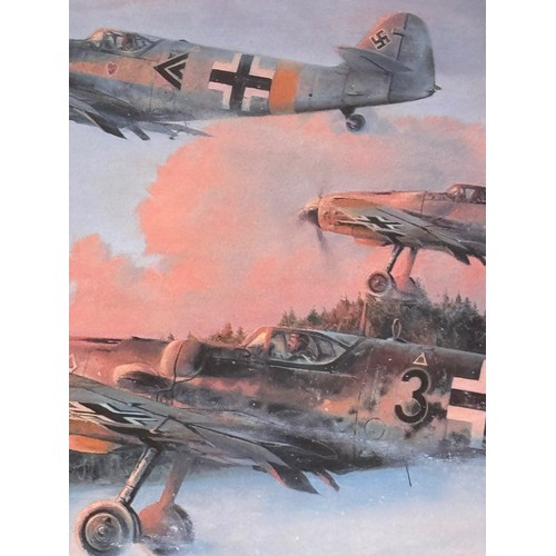 181 - Militaria, WWII German Luftwaffe, aircraft interest, a framed signed limited edition print Eagles at... 