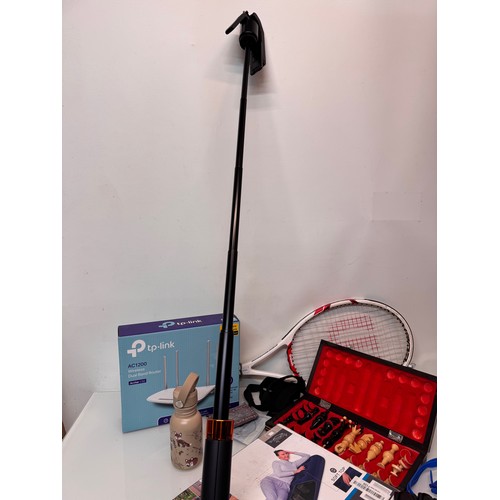 114 - Mixed lot, extending selfie camera stick, new inflatable mattress, chess set, pair of MMA fighting g... 