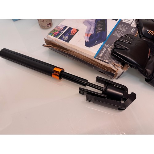 114 - Mixed lot, extending selfie camera stick, new inflatable mattress, chess set, pair of MMA fighting g... 