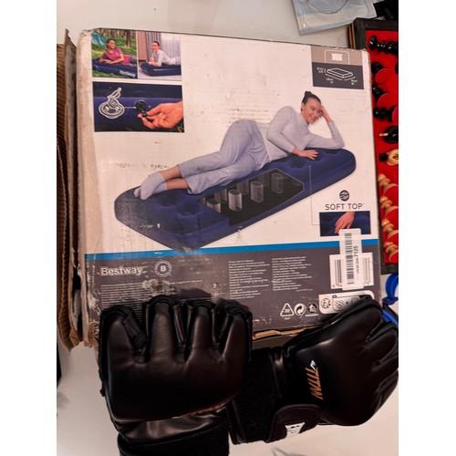 114 - Mixed lot, extending selfie camera stick, new inflatable mattress, chess set, pair of MMA fighting g... 