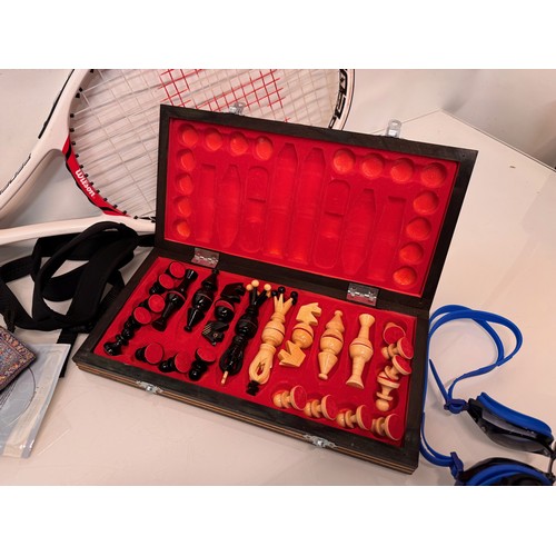 114 - Mixed lot, extending selfie camera stick, new inflatable mattress, chess set, pair of MMA fighting g... 