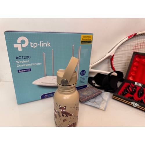 114 - Mixed lot, extending selfie camera stick, new inflatable mattress, chess set, pair of MMA fighting g... 