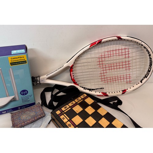 114 - Mixed lot, extending selfie camera stick, new inflatable mattress, chess set, pair of MMA fighting g... 