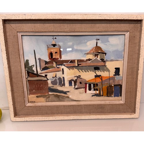 132 - Art, C20th paintings, a framed oil on canvas of a village scene, signed Aymar, 47 cm x 36 cm.

This ... 