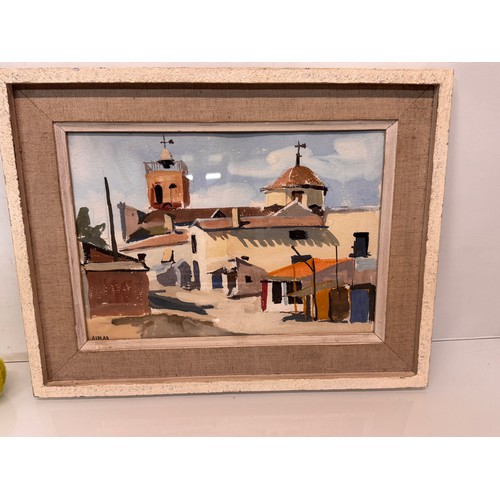 132 - Art, C20th paintings, a framed oil on canvas of a village scene, signed Aymar, 47 cm x 36 cm.

This ... 
