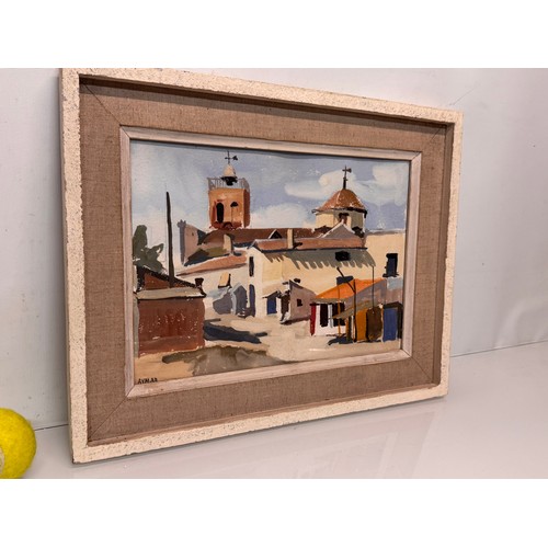 132 - Art, C20th paintings, a framed oil on canvas of a village scene, signed Aymar, 47 cm x 36 cm.

This ... 