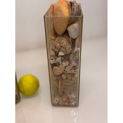 157 - A pair of rectangular form glass vases sacked with shells etc, each 25 cm tall.

This lot is availab... 