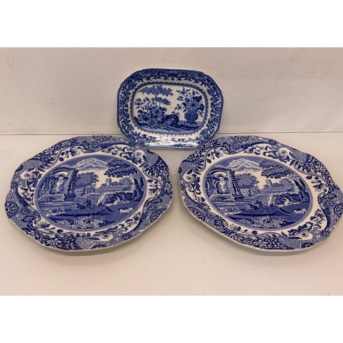 339 - English blue and white table wares, two Spodes Italian pattern ridged serving platers and a Semi Chi... 
