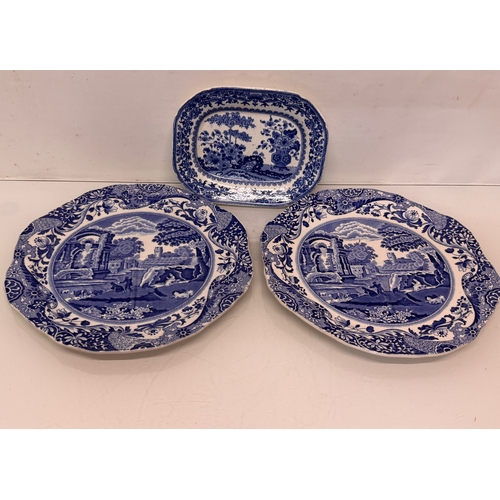 339 - English blue and white table wares, two Spodes Italian pattern ridged serving platers and a Semi Chi... 