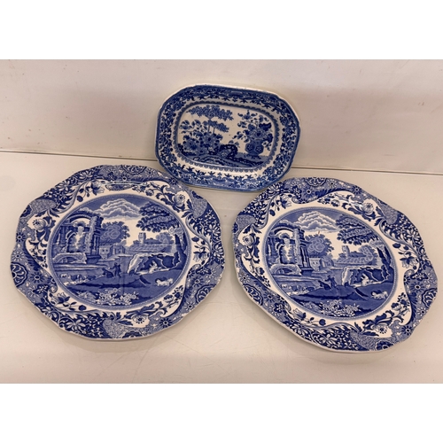 339 - English blue and white table wares, two Spodes Italian pattern ridged serving platers and a Semi Chi... 