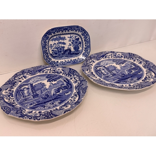 339 - English blue and white table wares, two Spodes Italian pattern ridged serving platers and a Semi Chi... 