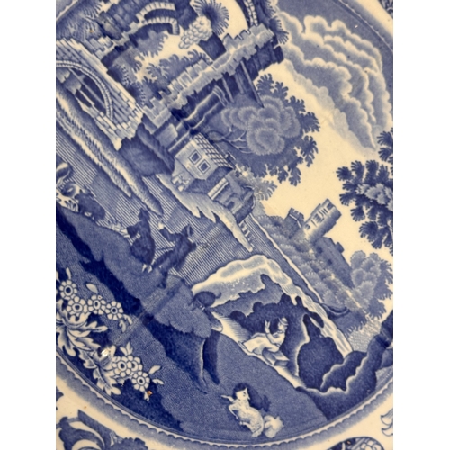 339 - English blue and white table wares, two Spodes Italian pattern ridged serving platers and a Semi Chi... 