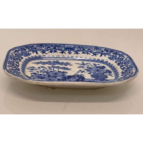 339 - English blue and white table wares, two Spodes Italian pattern ridged serving platers and a Semi Chi... 
