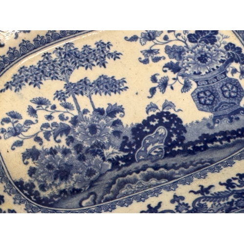 339 - English blue and white table wares, two Spodes Italian pattern ridged serving platers and a Semi Chi... 