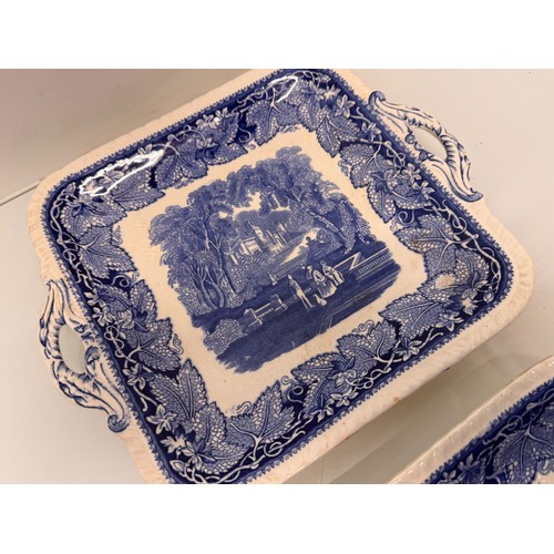 341 - English C19th Century table wares, two Masons Ironstone twin handled serving dishes 28 cm wide.

Thi... 