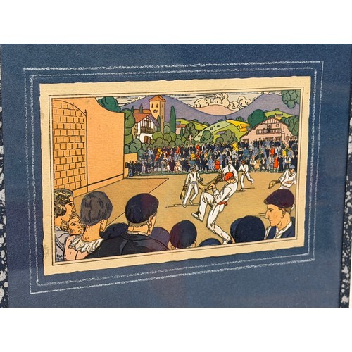 50 - Art, a glazed and mounted art deco image by the artist Pablo Tillac of a Jai alai match, 19 cm x 19 ... 