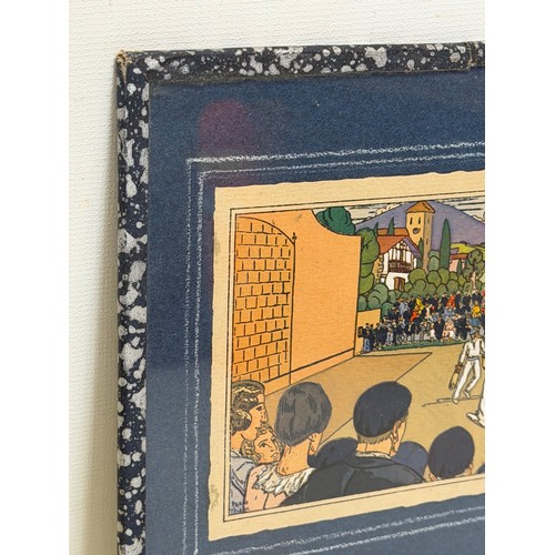 50 - Art, a glazed and mounted art deco image by the artist Pablo Tillac of a Jai alai match, 19 cm x 19 ... 