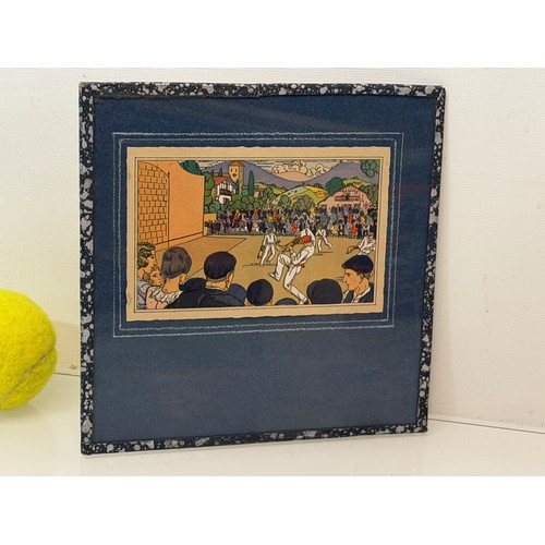 50 - Art, a glazed and mounted art deco image by the artist Pablo Tillac of a Jai alai match, 19 cm x 19 ... 