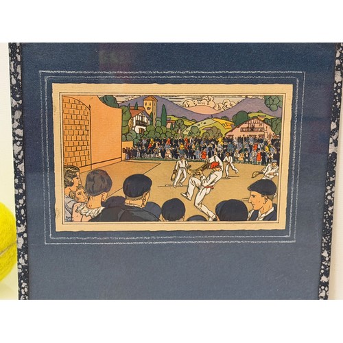 50 - Art, a glazed and mounted art deco image by the artist Pablo Tillac of a Jai alai match, 19 cm x 19 ... 