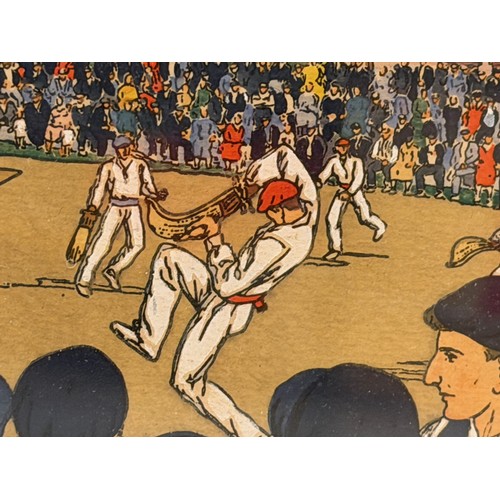 50 - Art, a glazed and mounted art deco image by the artist Pablo Tillac of a Jai alai match, 19 cm x 19 ... 