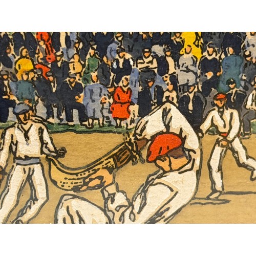 50 - Art, a glazed and mounted art deco image by the artist Pablo Tillac of a Jai alai match, 19 cm x 19 ... 