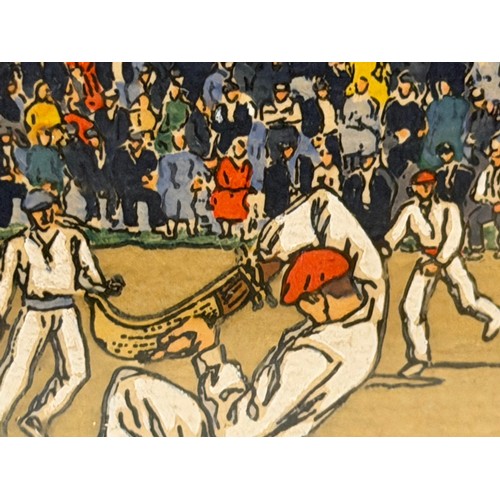 50 - Art, a glazed and mounted art deco image by the artist Pablo Tillac of a Jai alai match, 19 cm x 19 ... 